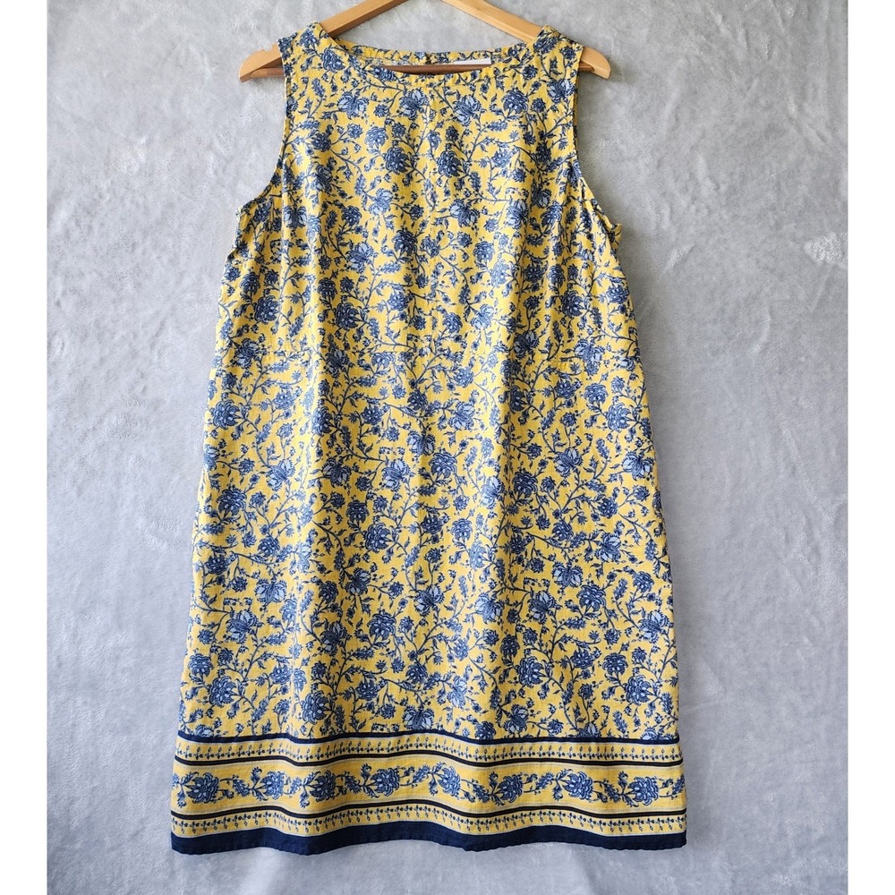 J. Jill Love Linen Dress Size Large Petite Elegant Floral Blue Yellow Pockets PL
